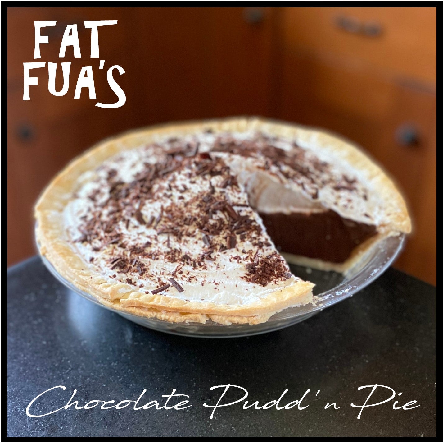 Flaky piecrust is filled with dreamy chocolate pudding  filling made from 3 kinds of chocolate and piled high with home-made whipped cream and dark chocolate shavings