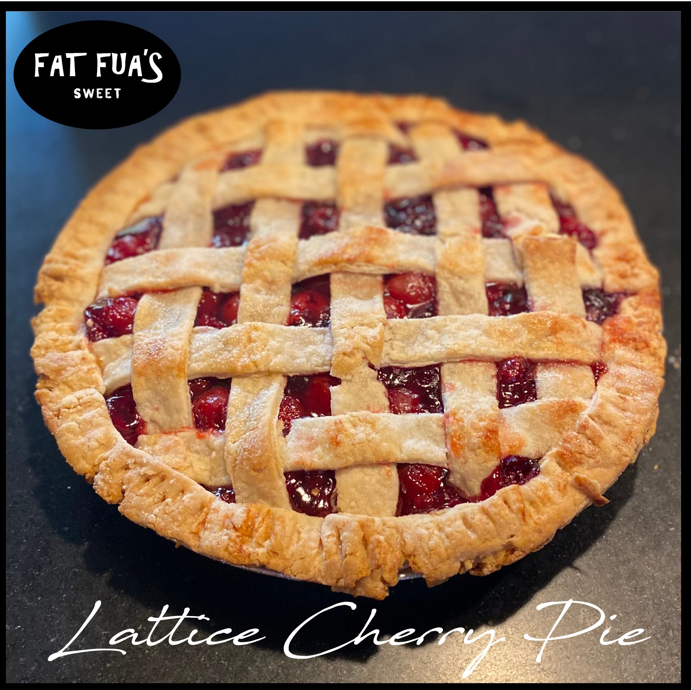 Fresh Cherry pie still hot from the oven golden hand made lattice top crust  exposes juicy fresh cherry filling