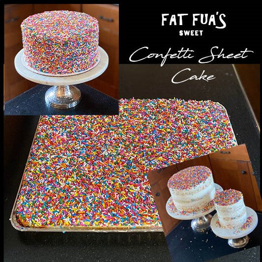  confetti sheet cake made with moist vanilla cake and whipped cream cheese frosting, covered with rainbow sprinkles 