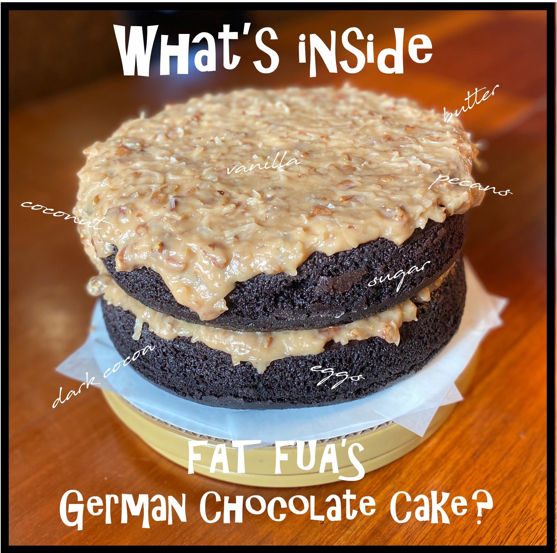 Inside vie of Fat German Chocolate cake showing 2 layers of moist of dark chocolate cake  with made from scratch creamy butter pecan and coconut frosting 