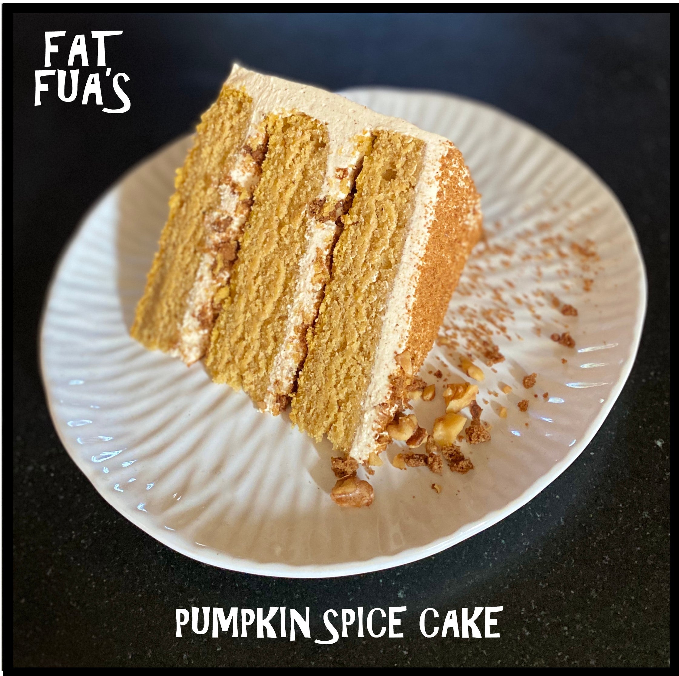 Slice of 3 layer Pumpkin Spice Cake on a plate