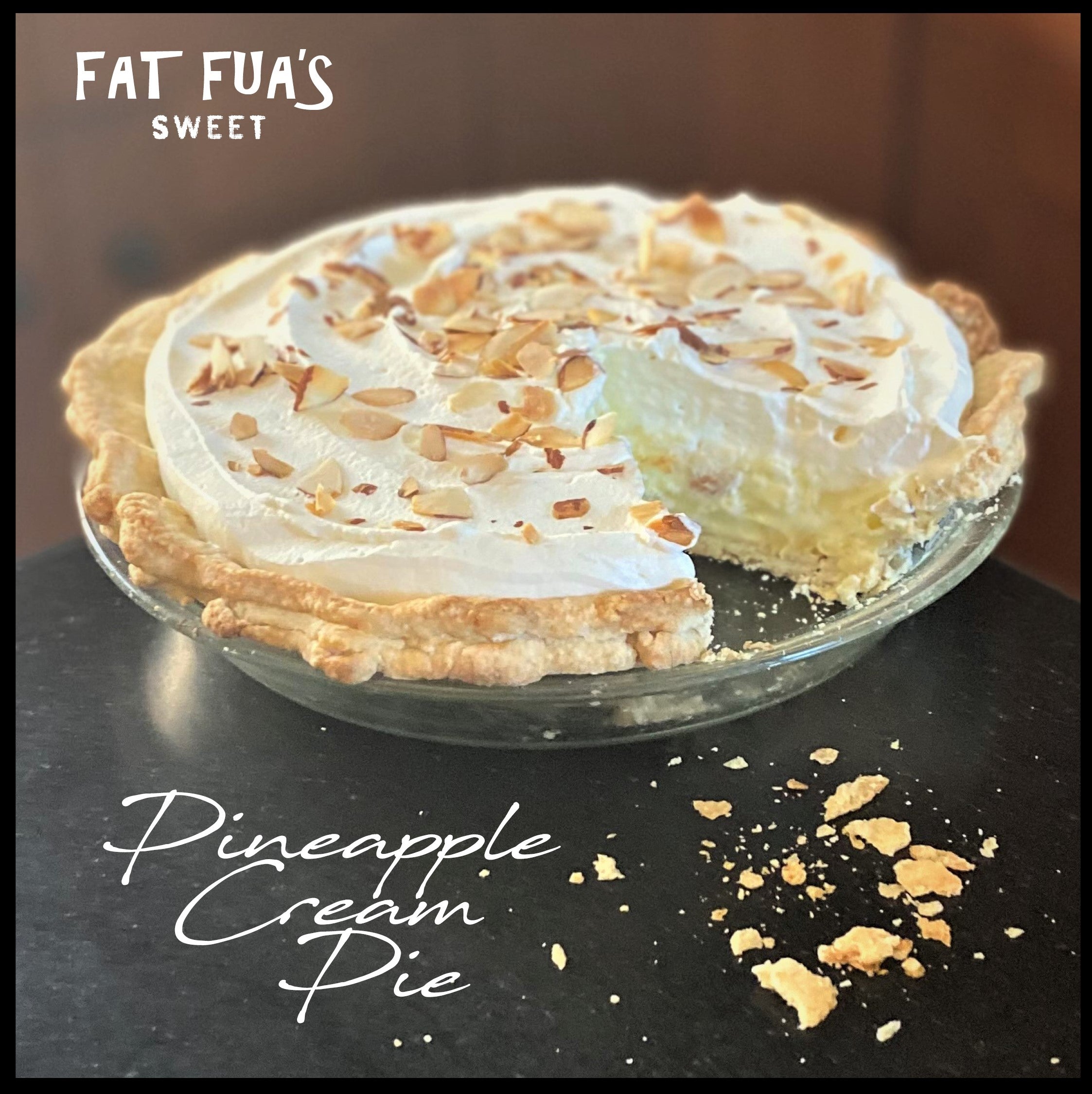 Open Faced Pineapple Cream Pie Made with Crushed Pineapple and Custard Filling.  Topped with Homemade Whipped Cream and Toasted Almonds Slices