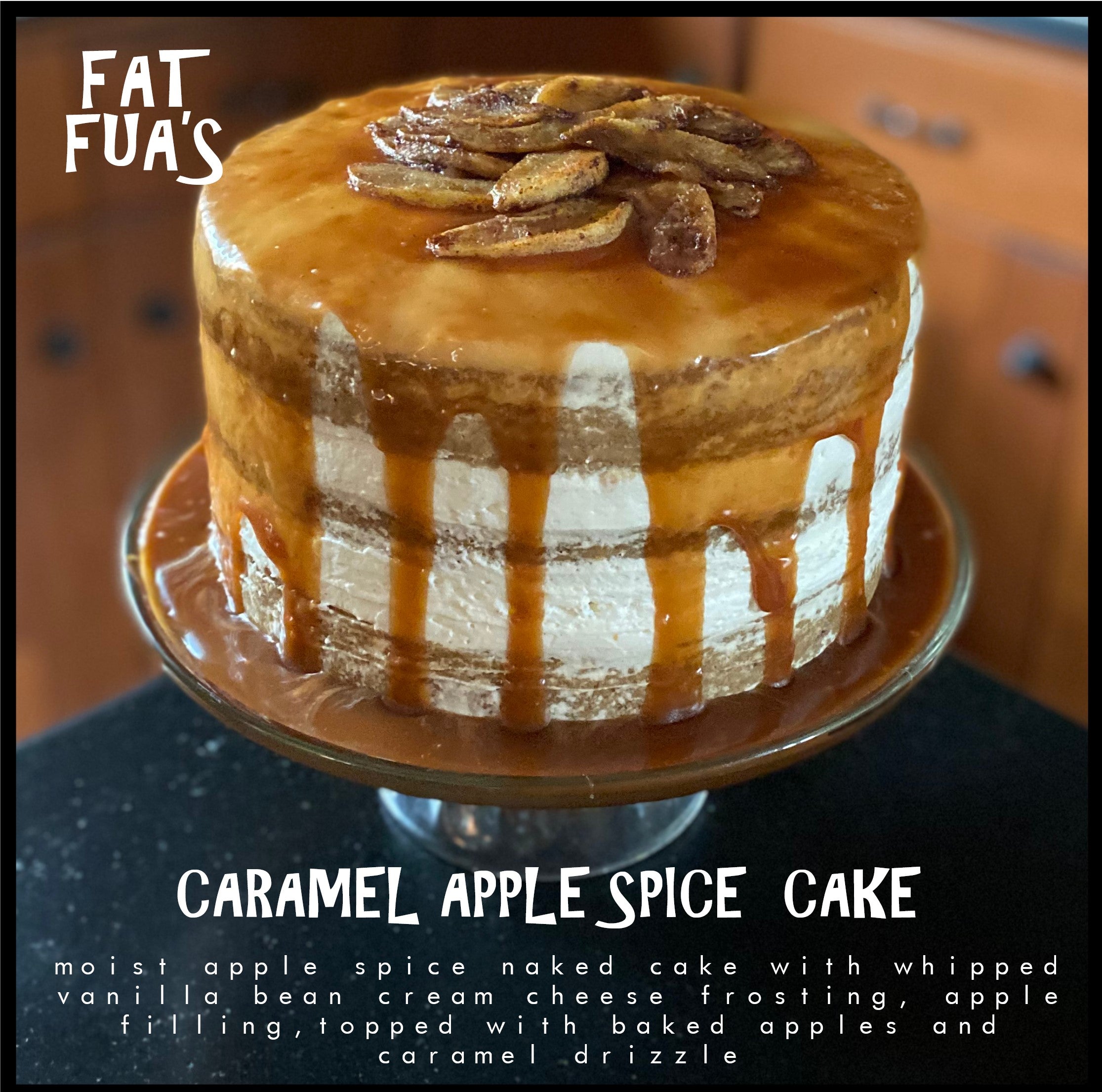 Fat size Carmel Apple Spice Cake sitting on a glass cake stand  This is a naked cake so the 3 moist layers are exposed on the sides nestled between layers of whipped cream cheese frosting with a waterfall of salted caramel running over the top and down the sides pooling into the glass plate  topped off with  a pile of  sliced apples pan fried in brown sugar and butter