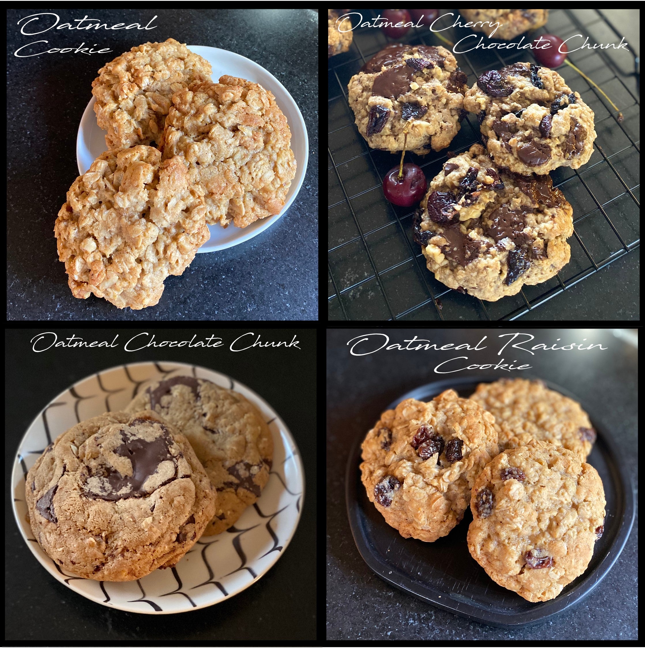 Collage of Fat Fua's Oatmeal Cookie Collection Oatmeal, Oatmeal Cherry Chocolate Chunk, Oatmeal Chocolate Chunk, Oatmeal Raisin