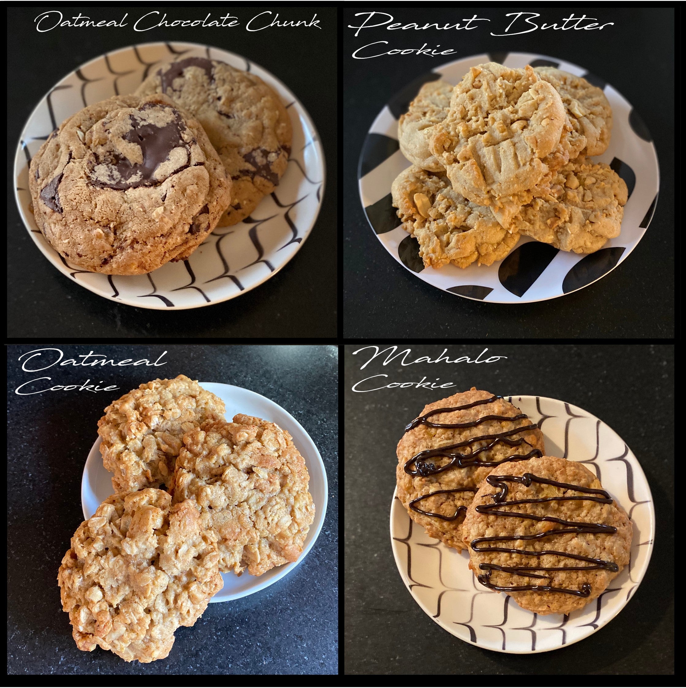 Collage of4 cookie flavors offered in Fat Fua's Favorite Cookies Sampler Box Oatmeal Chocolate Chunk Nutty Peanut Butter Oatmeal and Mahalo with Chocolate drizzle