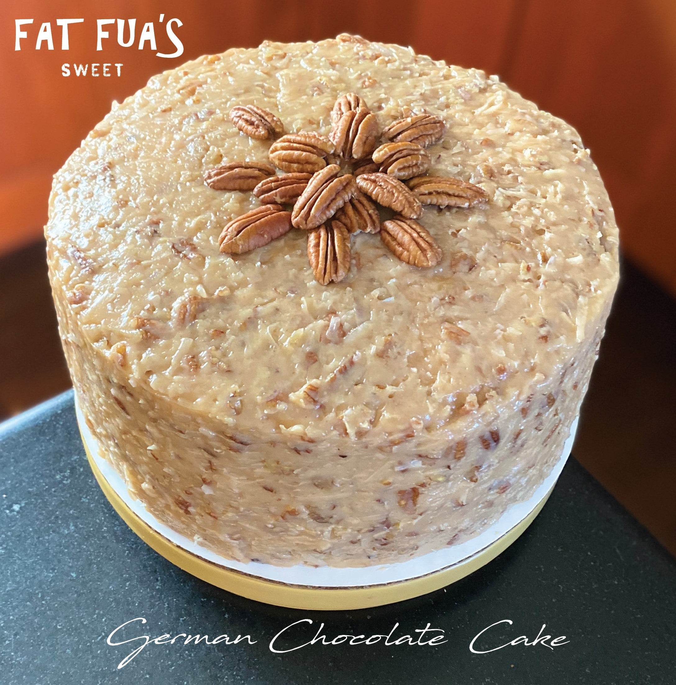 Fat size German Chocolate Cake with Pecan Garnish on top