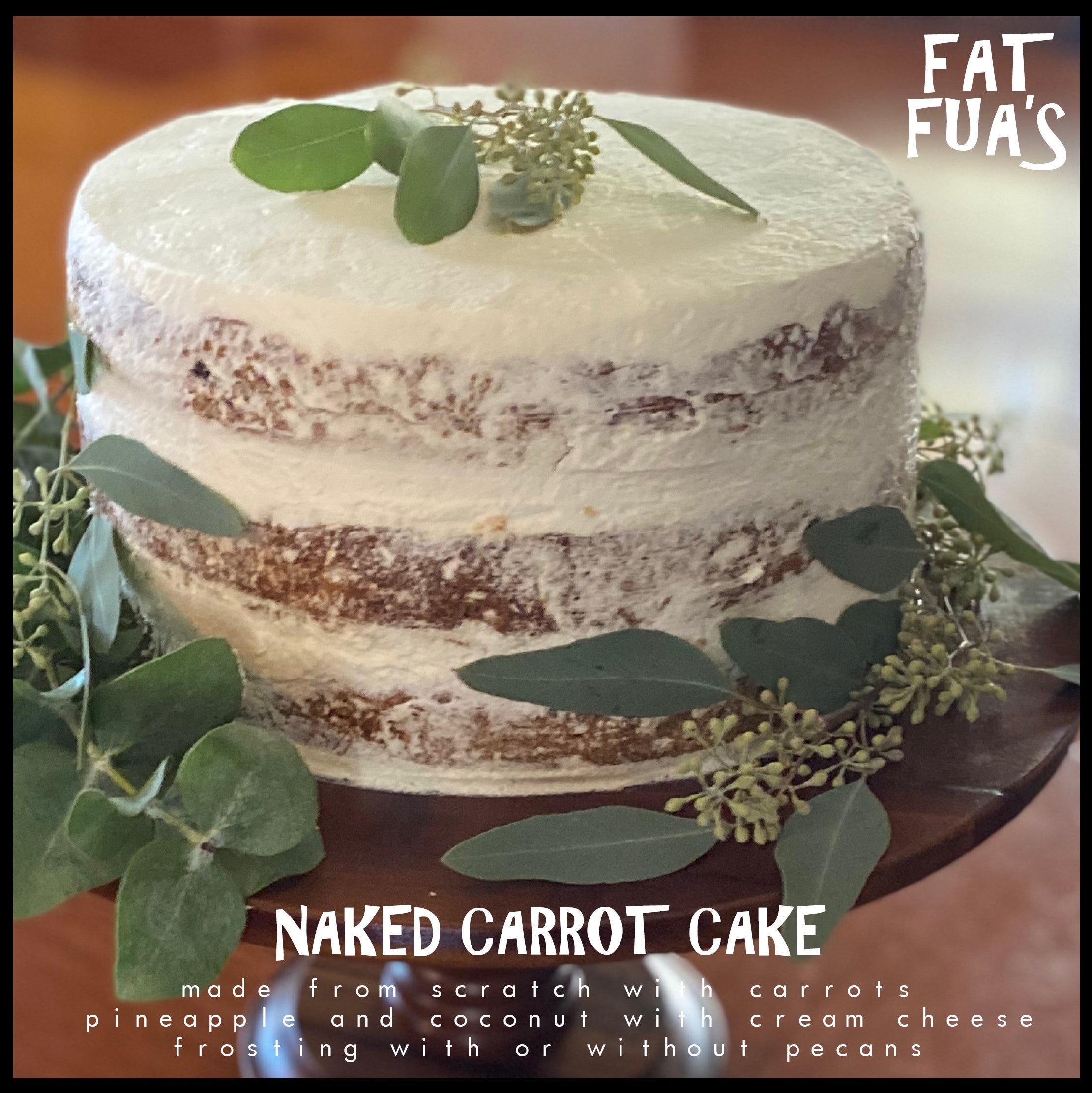 FAT size  Moist 3 layer "Naked" Spice Cake with Carrots, Coconut , Pineapple and Pecans with Delicious Cream Cheese frosting  