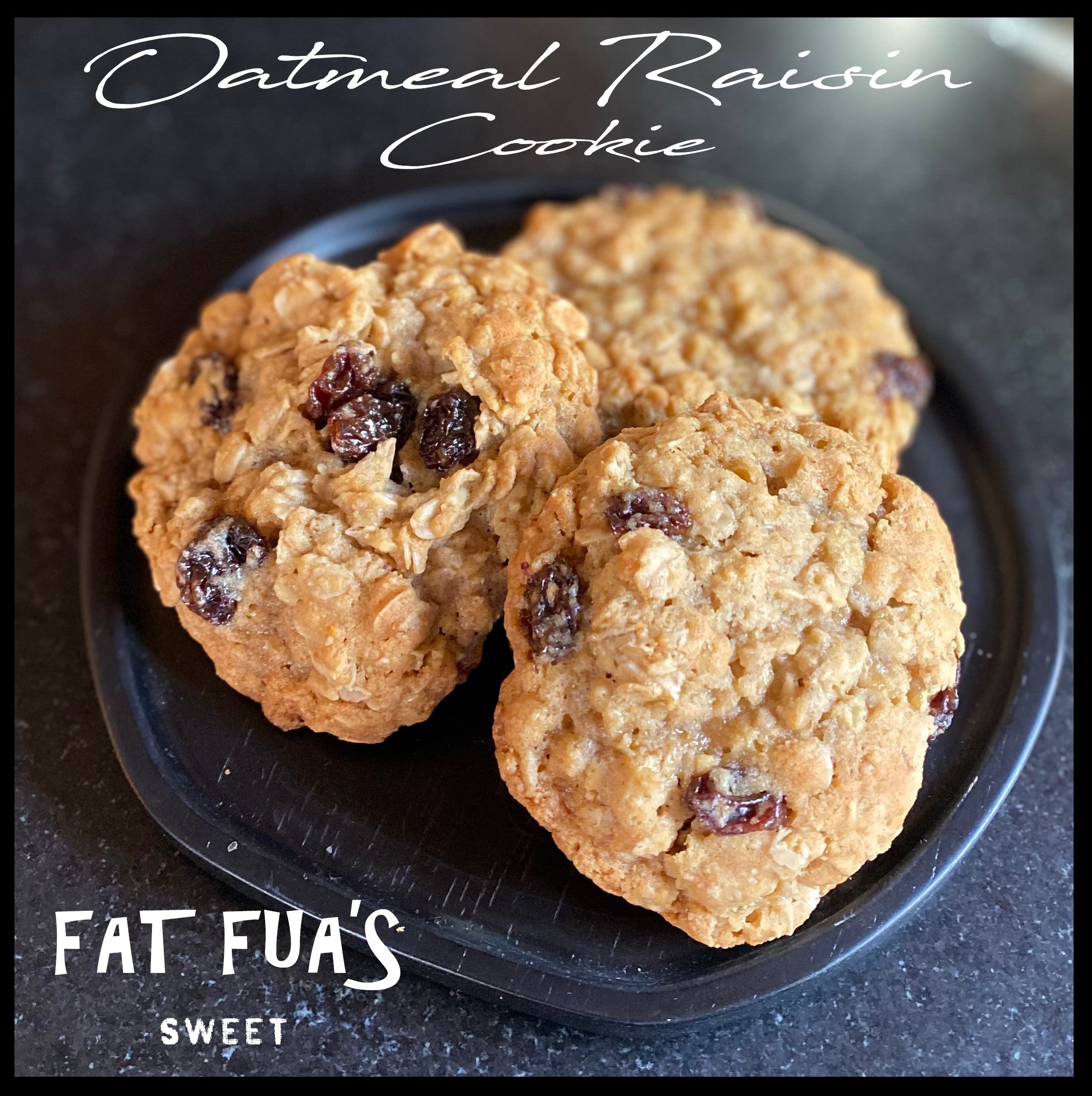 Chunky oatmeal raisin cookies made from all natural ingredients resting on a small white plate